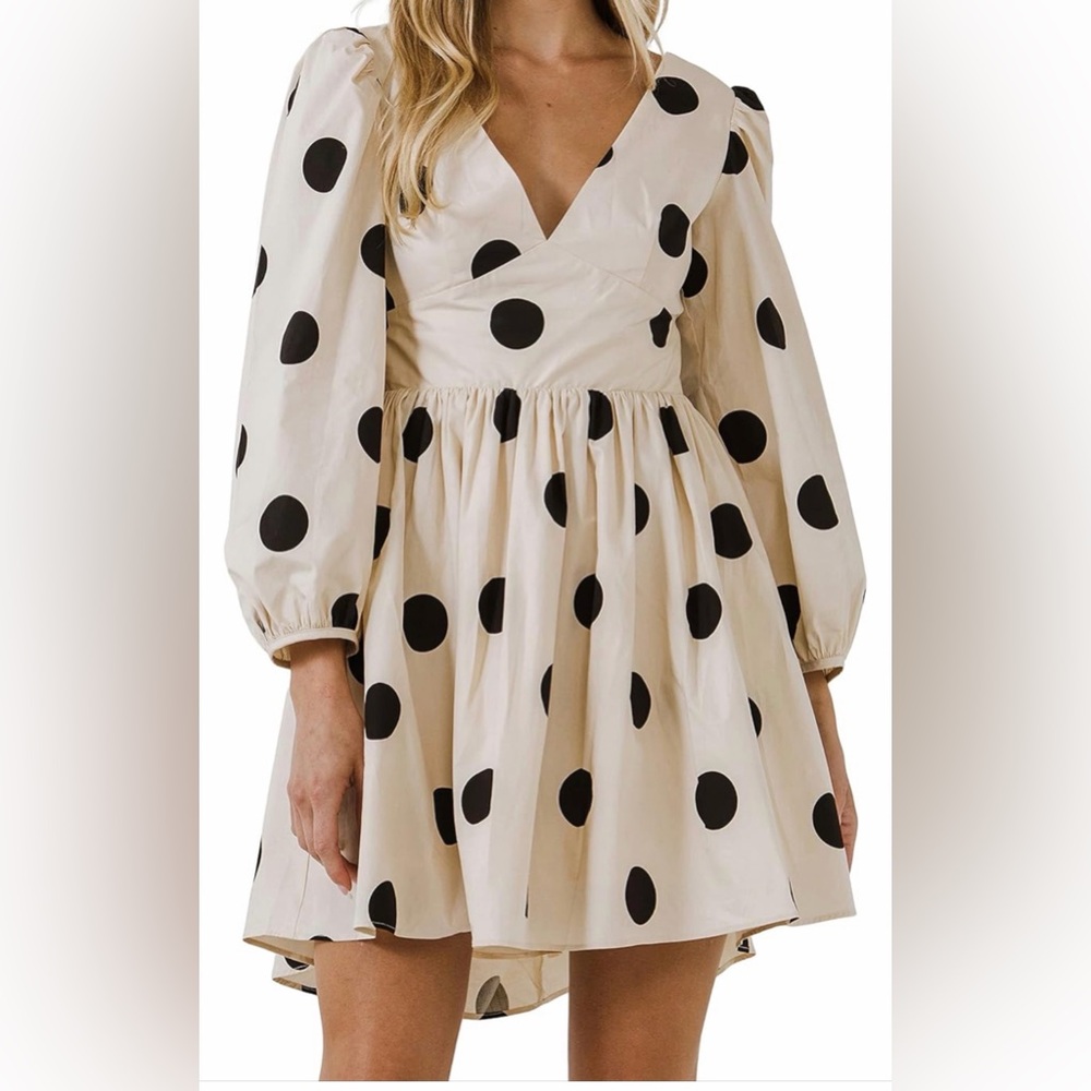 English Factory Cream & Black Polka Dot Midi Dress with V-Neck NWT